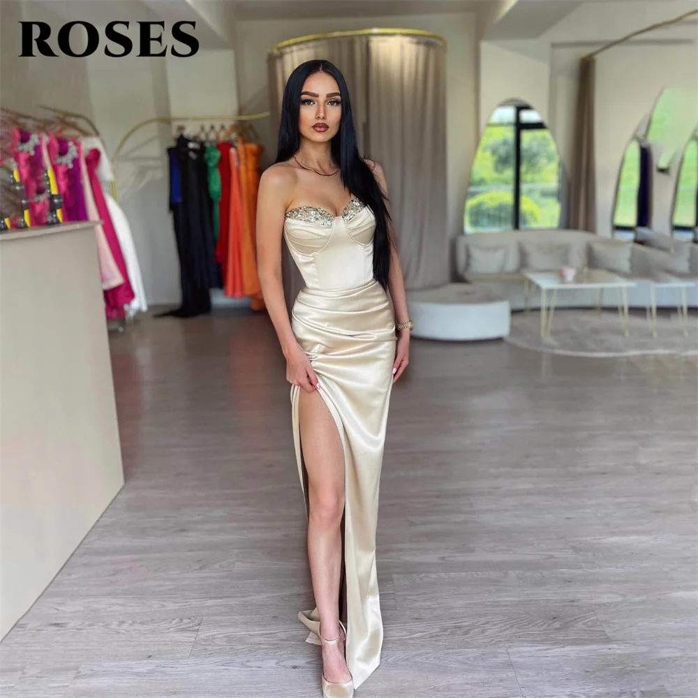 

ROSES Champagne Mermaid Sexy Evening Dresses Stain Beading Charming Prom Dress Sleeveless Party Dress Custom vestidos de noche