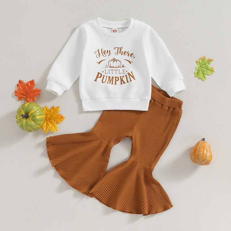 

2023-07-26 Lioraitiin 6M-4T Kid Girls Halloween Clothes Set Pumpkin Letters Print Sweatshirt with Flare Pants Clothes
