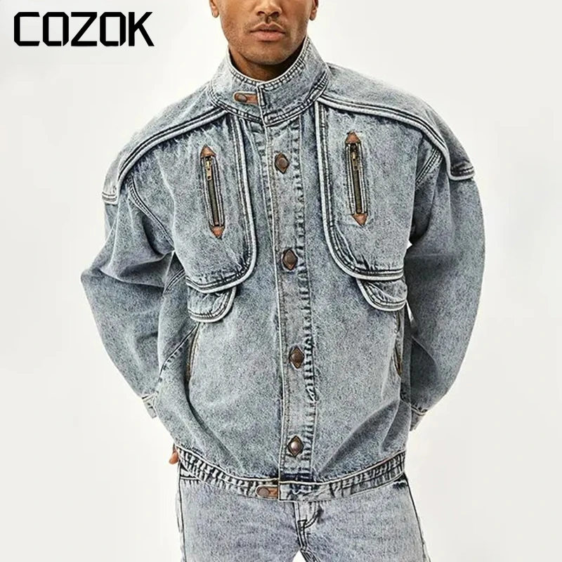 

Vintage Denim Jackets Men Slim Solid Casual Jean Coat Stand Collar Moto Biker High Street Distressed Outwears Spring Autumn New
