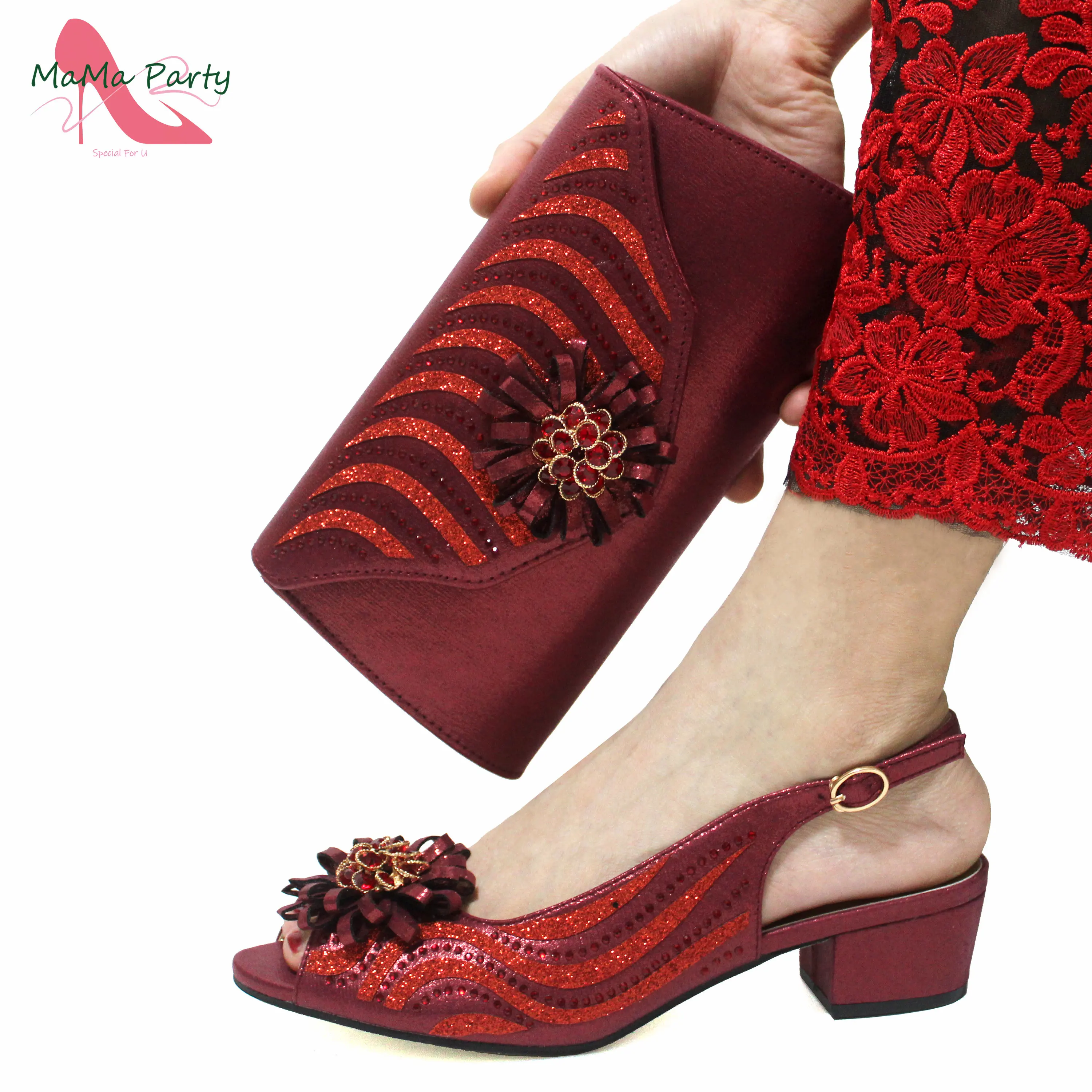 

Fashion New Design African Elegant Ladies Shoes Matching Bag Set in Wine Color Slingbacks Peep Toe Low Heels for Wedding