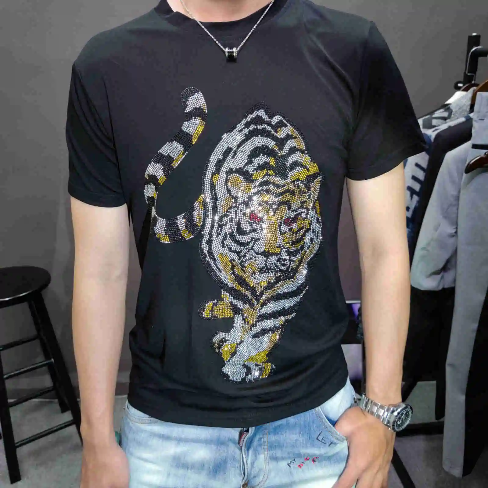 

Футболка Стразы с принтом тигра, Мужская облегающая футболка с круглым вырезом и коротким рукавом, Мужская одежда для общественных клубов, модная брендовая мужская футболка