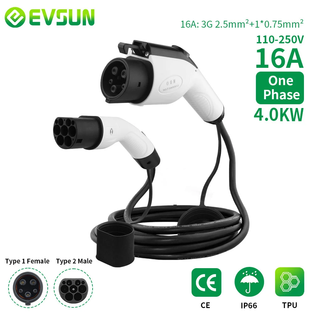 EVSUN EV Charging Cable J1772 Type1 to Type2 Female to Male Plug 1 Phase 16A 5M Cable Electric Vehicle Cord for Charger Station
EVSUN EV Charging Cable J1772 Type1 to Type2 Female to Male Plug 1 Phase 16A 5M Cable Electric Vehicle Cord for Charger Station