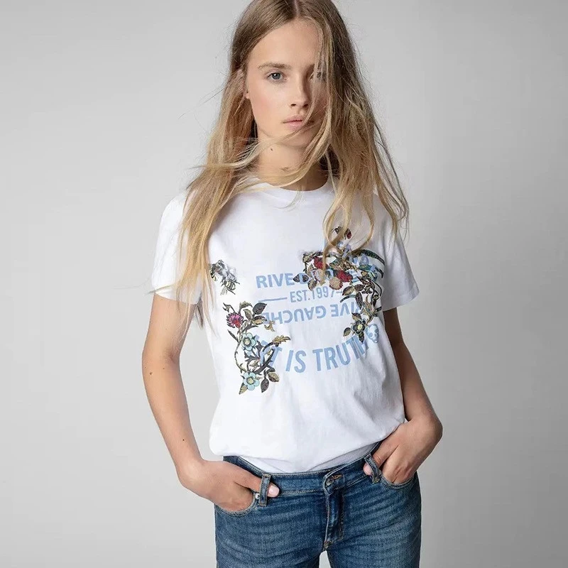 

100% Cotton Embroidery T-Shirt For Women Summer Short Sleeve Flower Bee Snake Embroidered Tees 2024 New Classic Luxury Tops