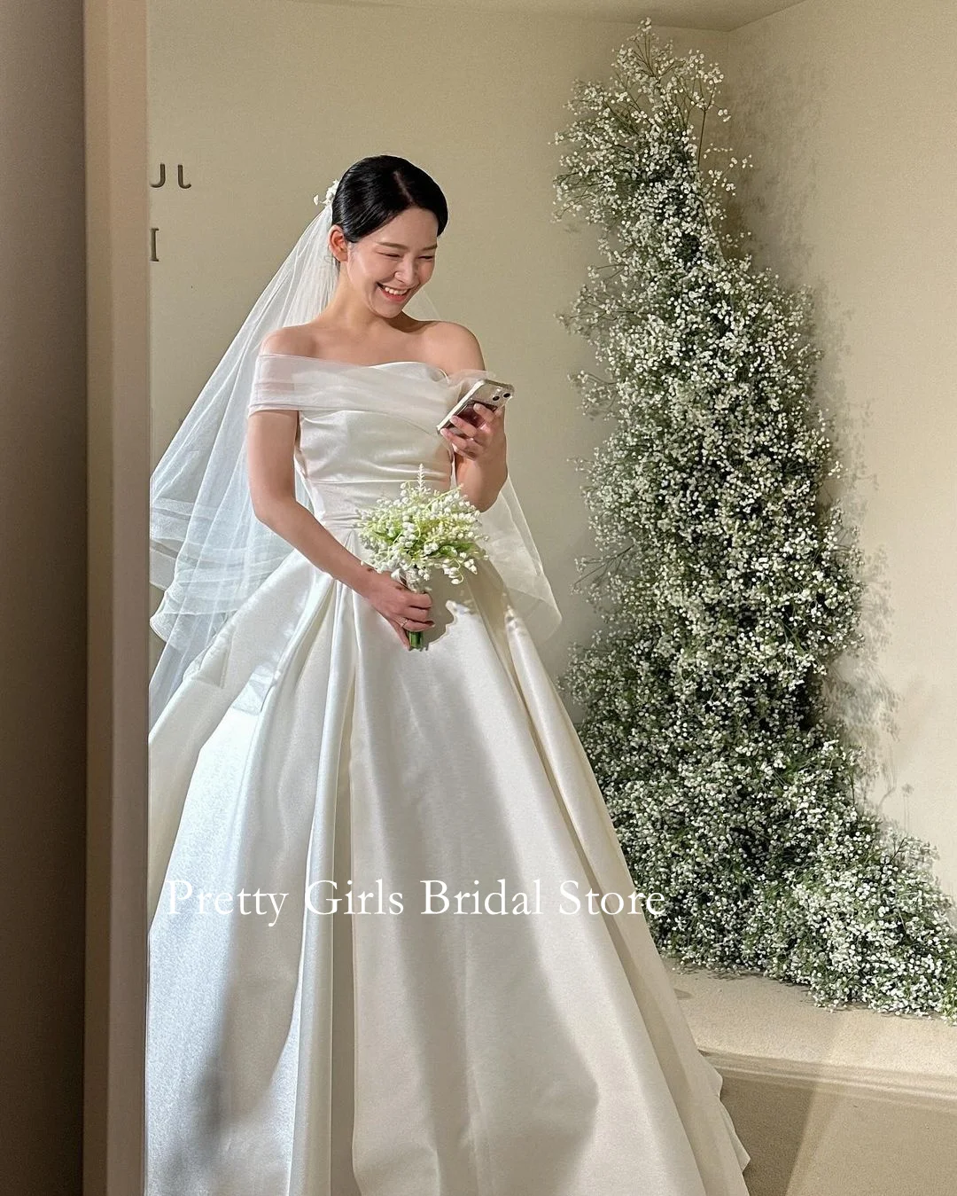 

OEING Strapless Korea Garden Wedding Dresses Short Sleeves Satin 프롬드레스 A-Line Corset Elegant Backless Bride Growns Party Women