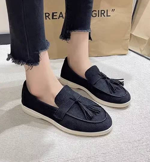 Womens Flock Thick Bottom Driving Shoes Round Toe Flock Tassel White Sole Soft Moccasines In Green Black Wide Fits Slip-On 35-45 Womens Flock Thick Bottom Driving Shoes Round Toe Flock Tassel White Sole Soft Moccasines In Green Black Wide Fits Slip-On 35-45