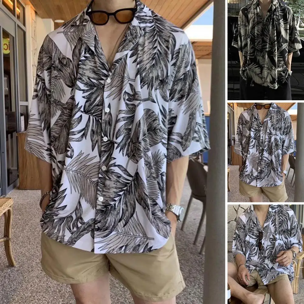 

Stylish Buttons Closure Anti-pilling Leaves Printing Hawaiian Vacation Shirt Quick Drying Hawaiian Shirt Daily Clothing