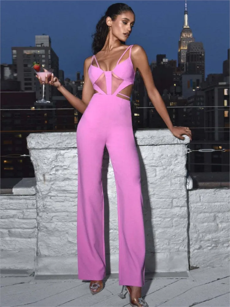 

Sweet Pink Hot Spicy Sexy Hollow Perspective Fashion Micro Horn Sling Jumpsuit Banquet Party Dress