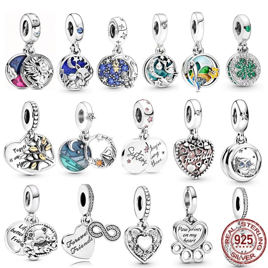 

Authentic Silver 925 Jewelry Gift Four Leaf, Forever Sisters & Friends Double Dangle Charm Bead Fit Original Pandora Bracelet