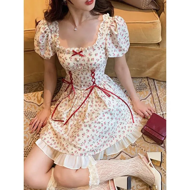 Summer Casual Short Sleeve Dresses Retro Elegant Floral Print Chic Bow Lace Up Princess Fairy Sweet Kawaii Mini Dress Women 2022
Summer Casual Short Sleeve Dresses Retro Elegant Floral Print Chic Bow Lace Up Princess Fairy Sweet Kawaii Mini Dress Women 2022