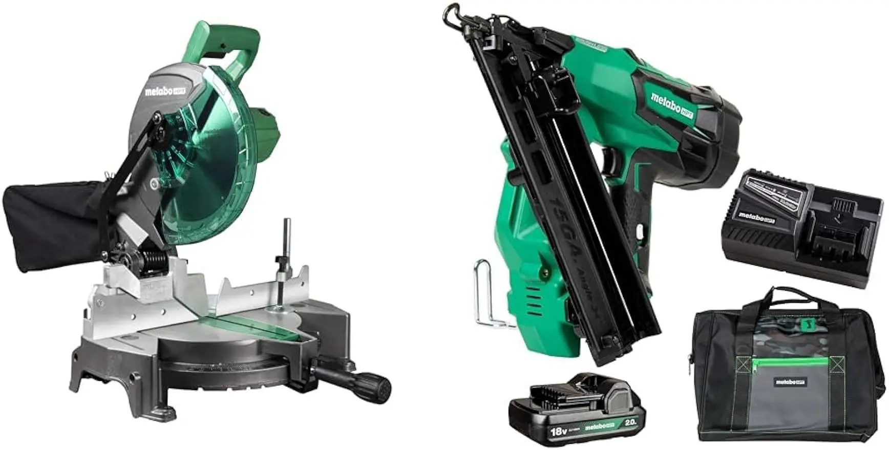 

Bundle of Metabo HPT 10-Inch Compound Miter Saw | C10FCGS + Metabo HPT Cordless 18V MultiVolt™ Angled Finish Nailer Kit |