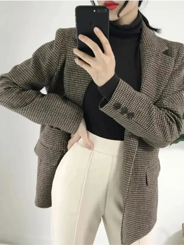 

Women Houndstooth Blazer Coat Autumn 2023 New Long Sleeve Casual Blazers Female Single Breasted Vintage Pockets Suits Coats