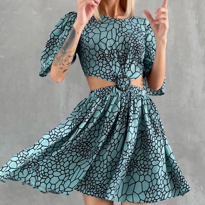 Spring Retro Pattern Print A-Line Dress Women Sexy O Neck Cricle Hollow Slim Mini Dress Summer Short Sleeve Lace-up Party Dress 
Spring Retro Pattern Print A-Line Dress Women Sexy O Neck Cricle Hollow Slim Mini Dress Summer Short Sleeve Lace-up Party Dress