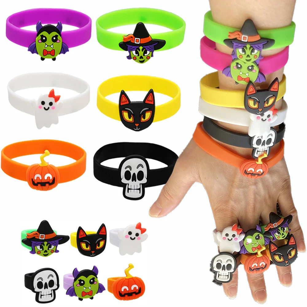 

6pcs Halloween Party Decor Rubber Wristband Pumpkin Cat Skull Witch Ghost Bat Silicone Favor Toys Ring Bracelet