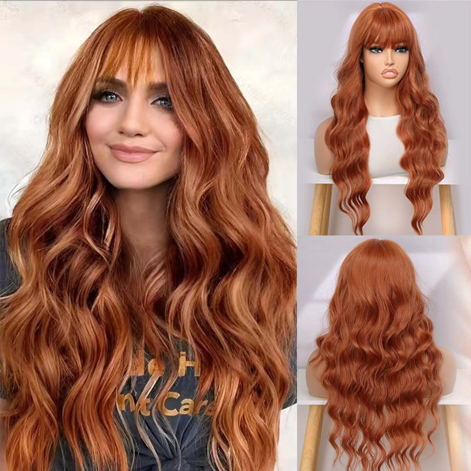 

26inch Auburn Wig with Bangs Long Wavy Wigs with Dark Roots Synthetic Heat Resistant Fibre Wigs for Women Curly Wig