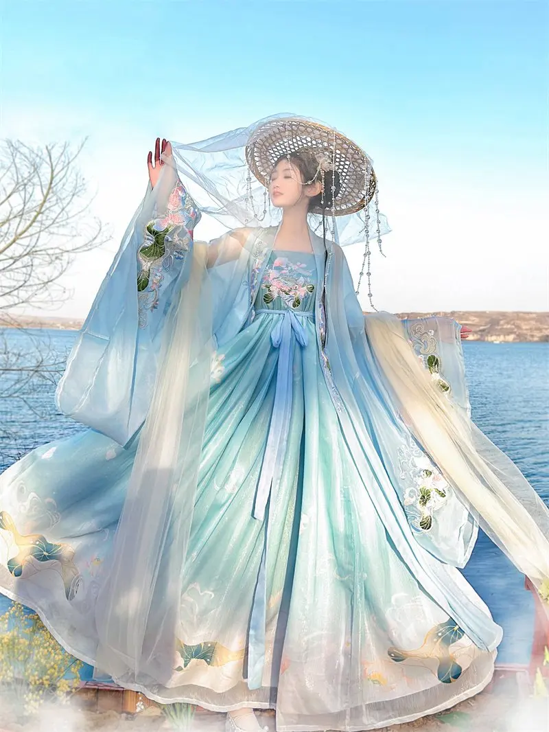 

Tang Dynasty Hanfu women's summer thin ancient dress embroidery wide sleeve flow fairy skirt daily chest blue, green, pink suit