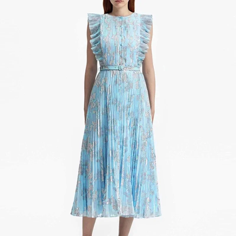 

Blue Floral Print Sleeveless Pleat Ruffle Belt Midi Dress 2024 New Elegant Women Clothing