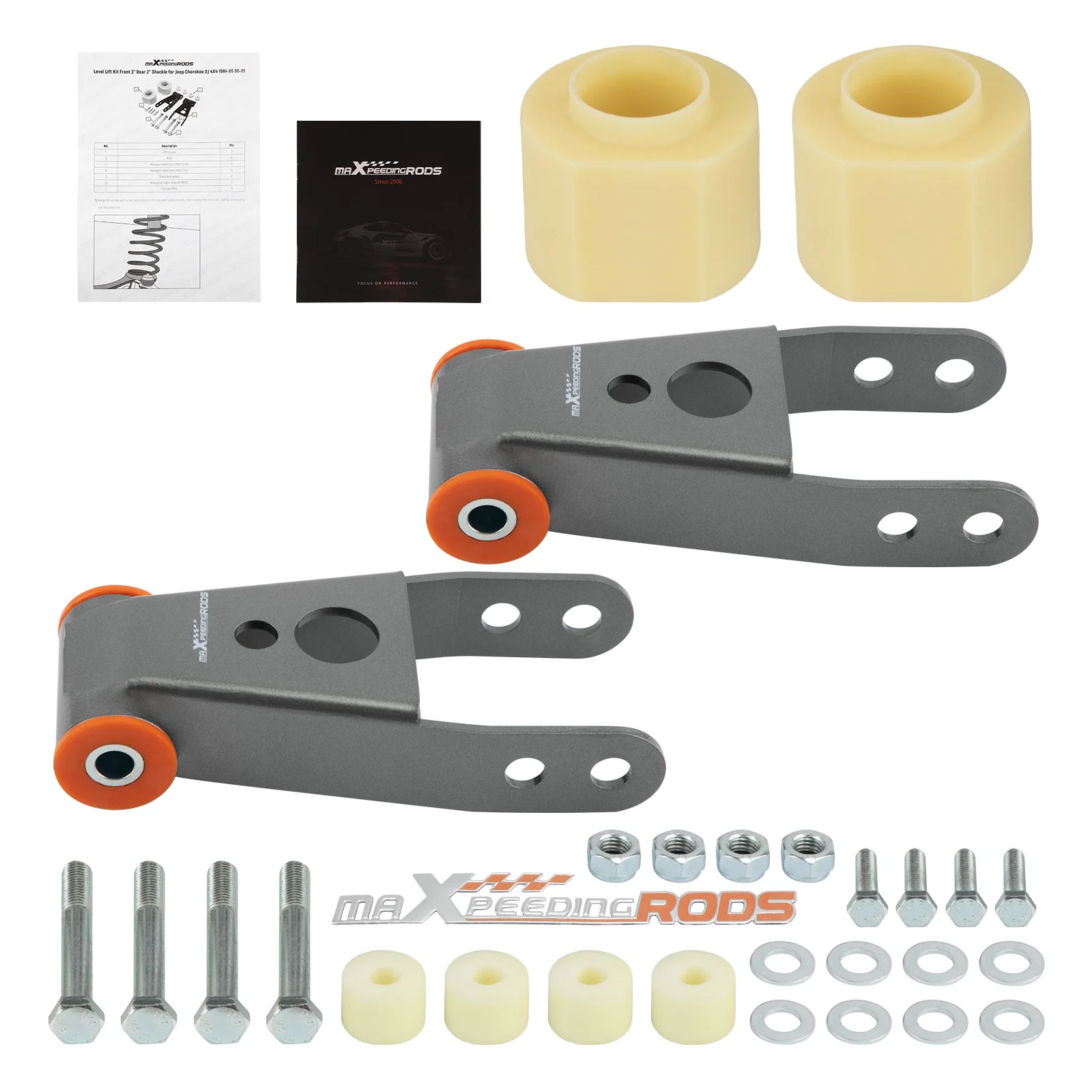 Lift Kit Front 3'' Coil Spacer + Rear 2'' Shackle for Jeep Cherokee XJ 1984-2001
Lift Kit Front 3'' Coil Spacer + Rear 2'' Shackle for Jeep Cherokee XJ 1984-2001