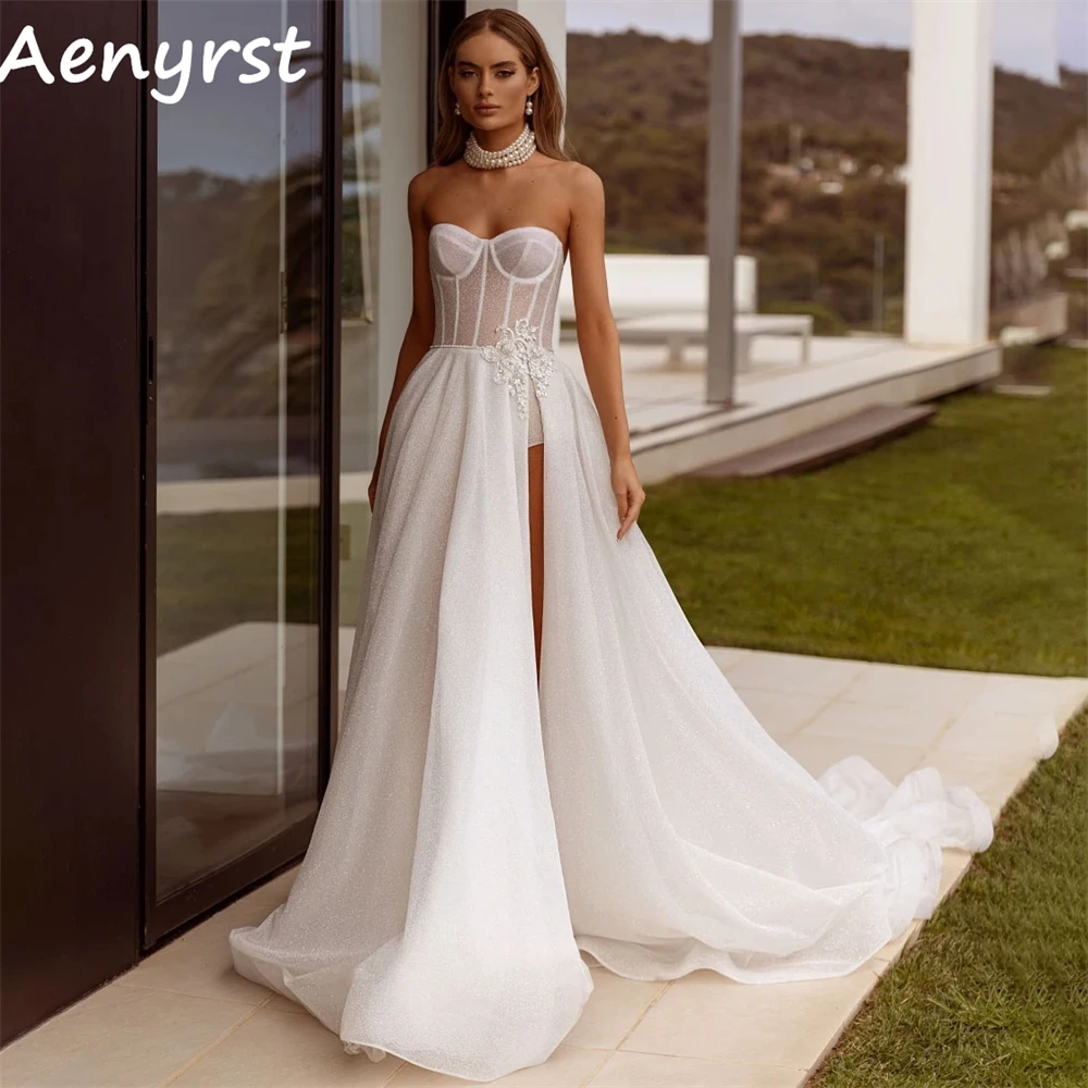 

Aenyrst Sweetheart A Line Wedding Dresses Organza Sequined Side Slit Backless Court Train Bridemaid Gowns Elegant Robe De Mariée