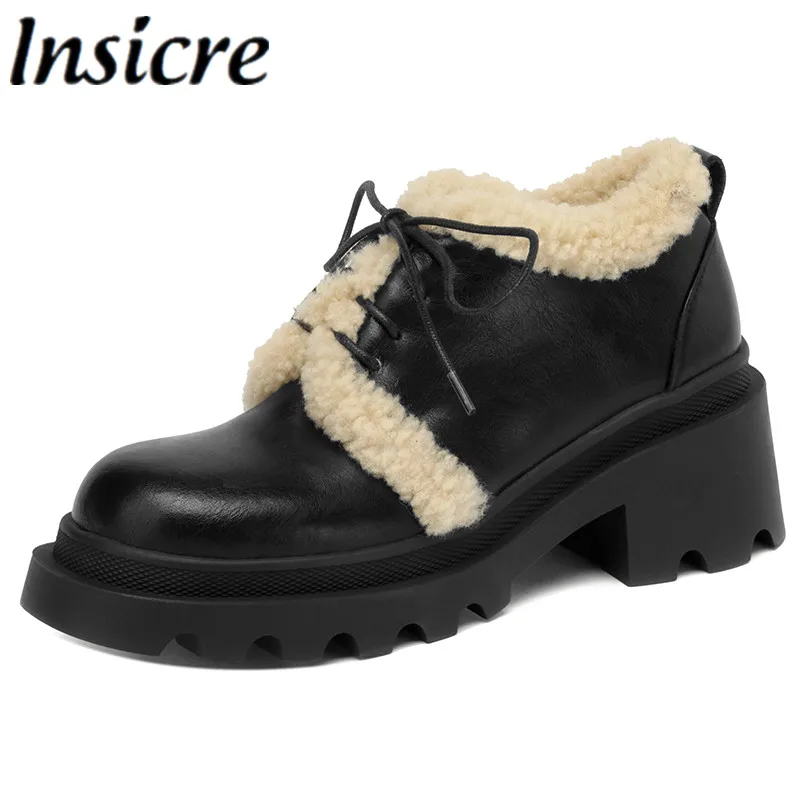 

Insicre Women Pumps Warm Winter Shoes Lace Up Round Toe Thick High Heels Platform Non Slip Cow Leather Top Quality