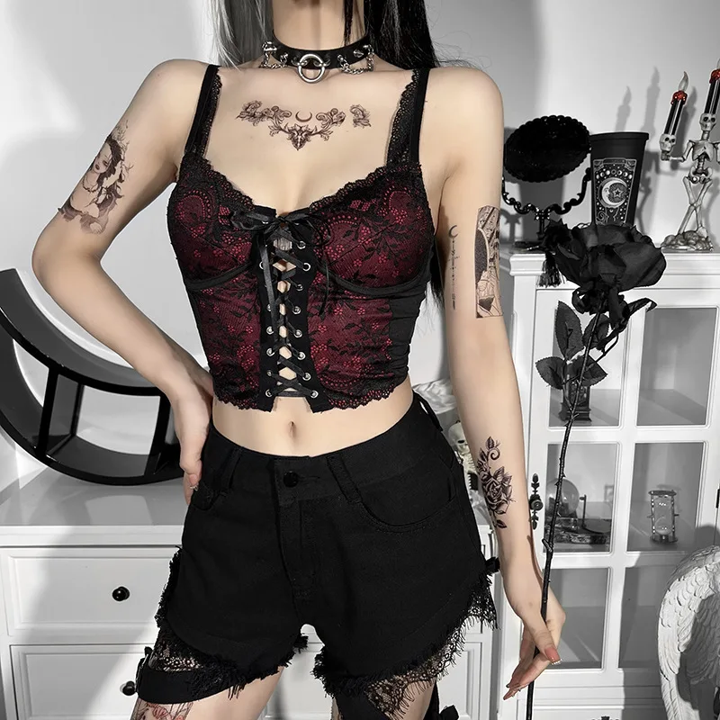 

Goth Cross Print Lace Bodycon Crop Tops Camis Sexy Y2K Aesthetic Black Red Basic Corset Tank Top Summer Clothes for Women Girls