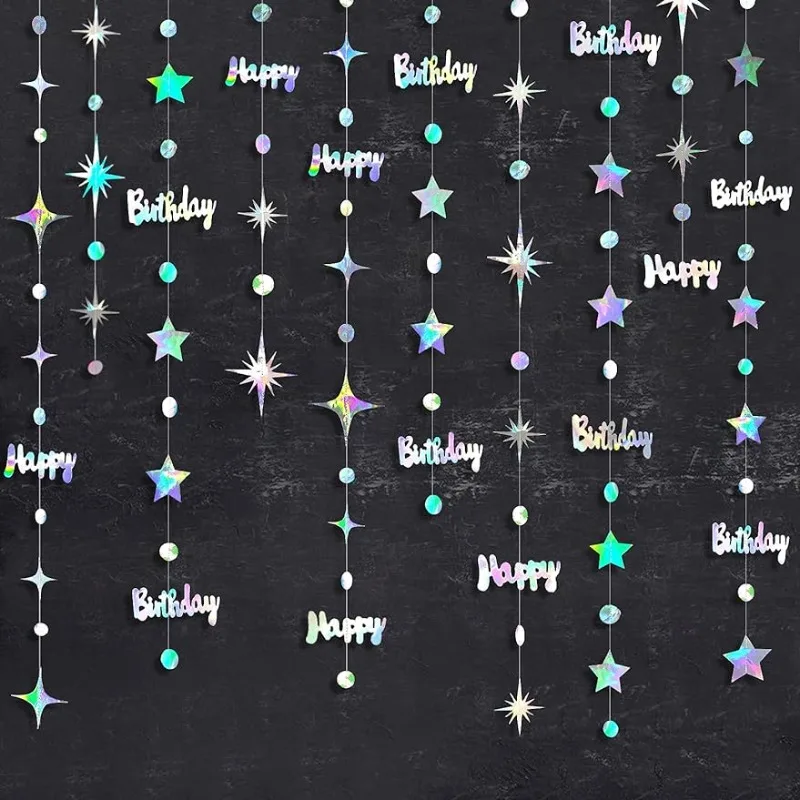 

Iridescent Happy Birthday Banner Circle Dot Twinkle Star Paper Garlands Holographic Hanging Streamer for Birthday Party Supplies