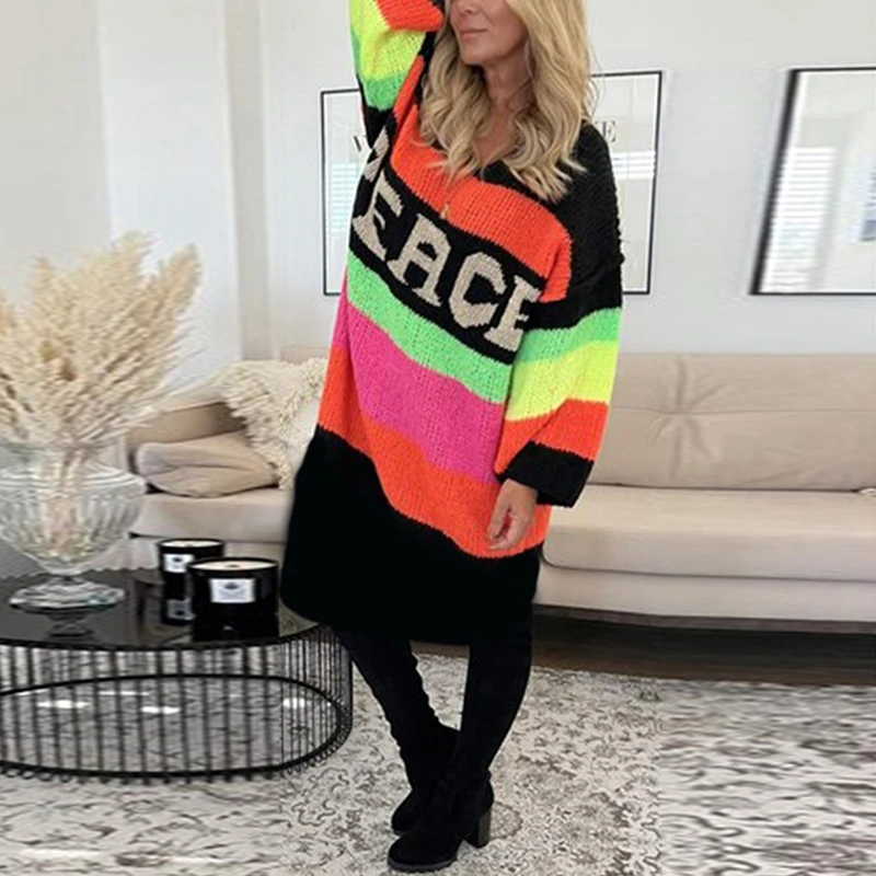Elegant Women V-Neck Loose Sweater Dress Winter Fashion Rainbow Colorful Knit Dresses Chic Lantern Sleeve Pullover Long Dress
Elegant Women V-Neck Loose Sweater Dress Winter Fashion Rainbow Colorful Knit Dresses Chic Lantern Sleeve Pullover Long Dress