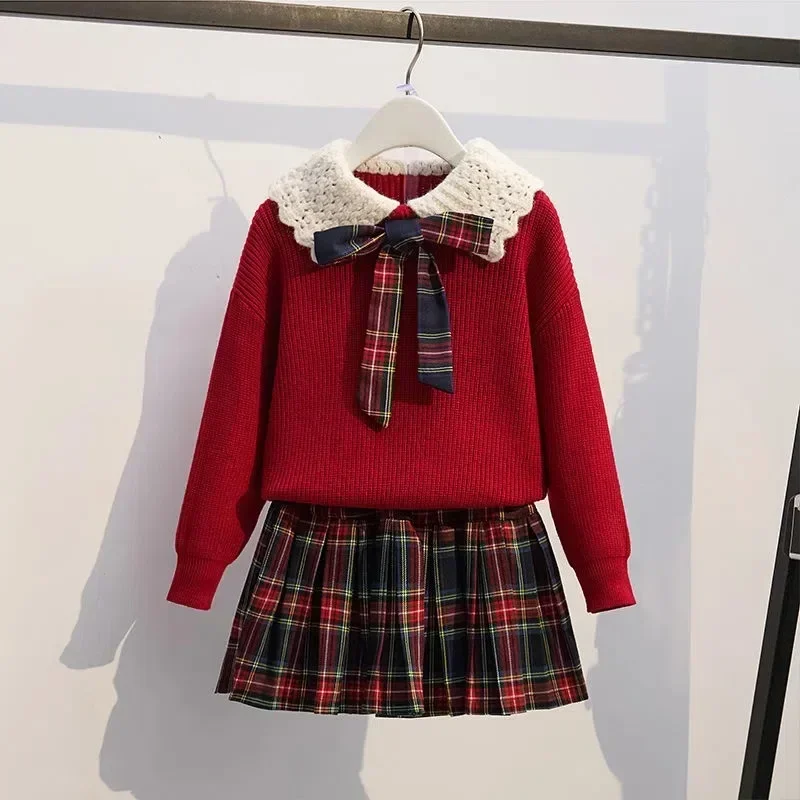 

Teenage Girls JK Suit Clothing Winter Children Knitted Lapel Sweater Plaid Pleated Skirt Autumn School Clothes Trend