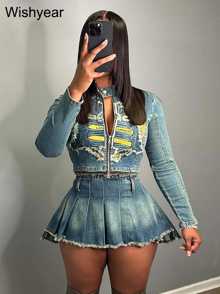 Harajuku Stretch Denim Women's Embroidery Jacket and Mini Pleated Skirt 2 Two Piece Suits Washed Streetwear Night Club Outfits
Harajuku Stretch Denim Women's Embroidery Jacket and Mini Pleated Skirt 2 Two Piece Suits Washed Streetwear Night Club Outfits