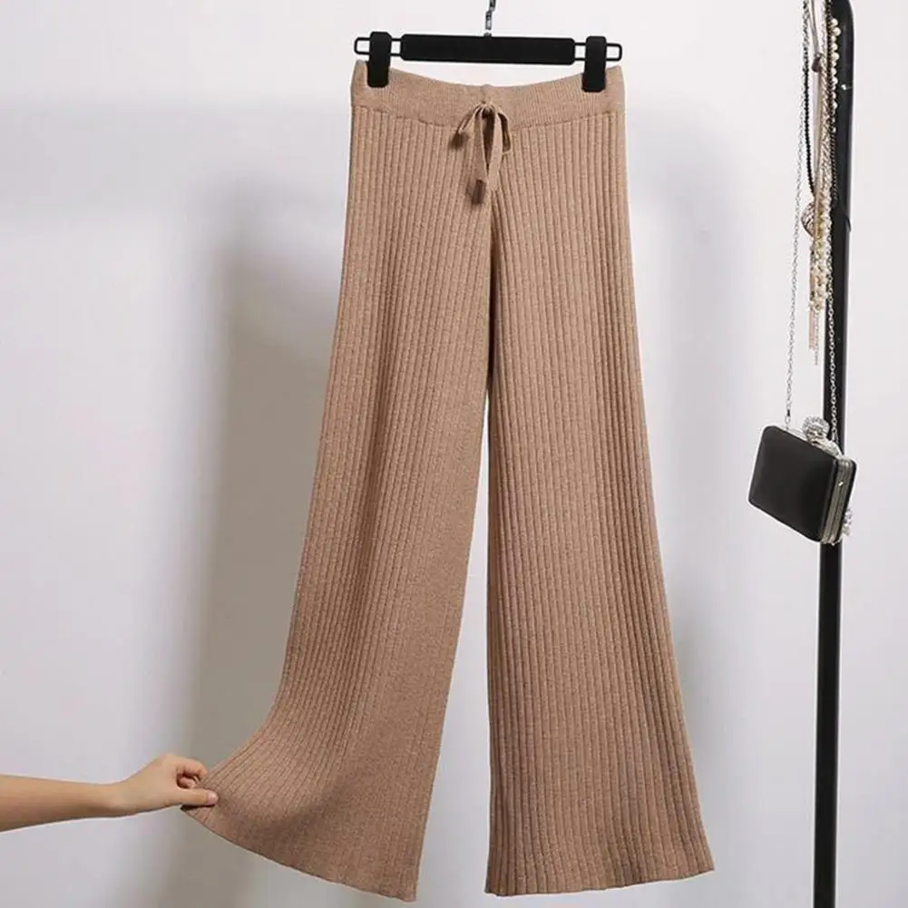 

Women Wide-leg Knit Trousers Stylish Women's Ribbed Wide Leg Pants with Elastic High Waist Drawstring Detail Trendy for Fall