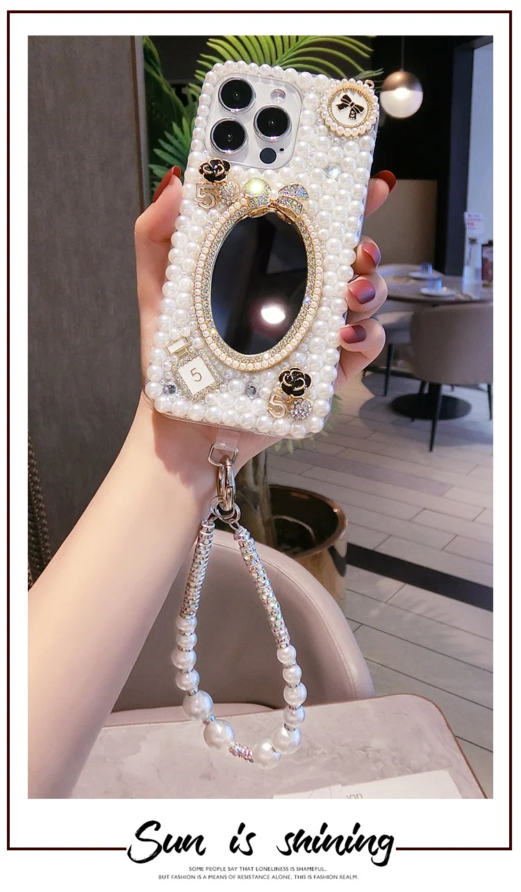 

Luxury Bling Rhinestone Mirror Pearl Case Capa For Huawei P30 P50Pro P40lite Mate30 40 For Honor 8X 9X 50 60 Pro Phone Cover