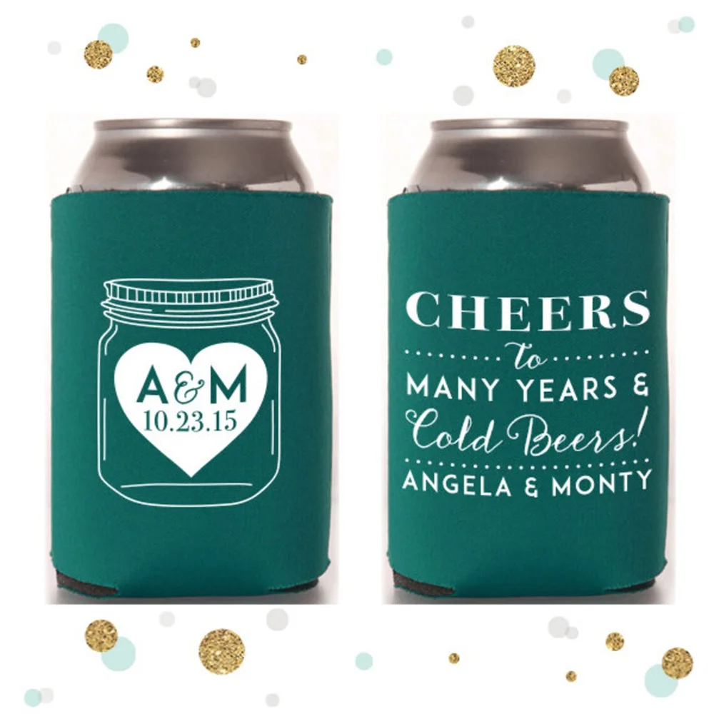 

Mason Jar - Wedding Can Cooler #12R - Custom - Cheers to Many Years - Bridal Wedding Favors, Beverage Insulators, Beer Huggers