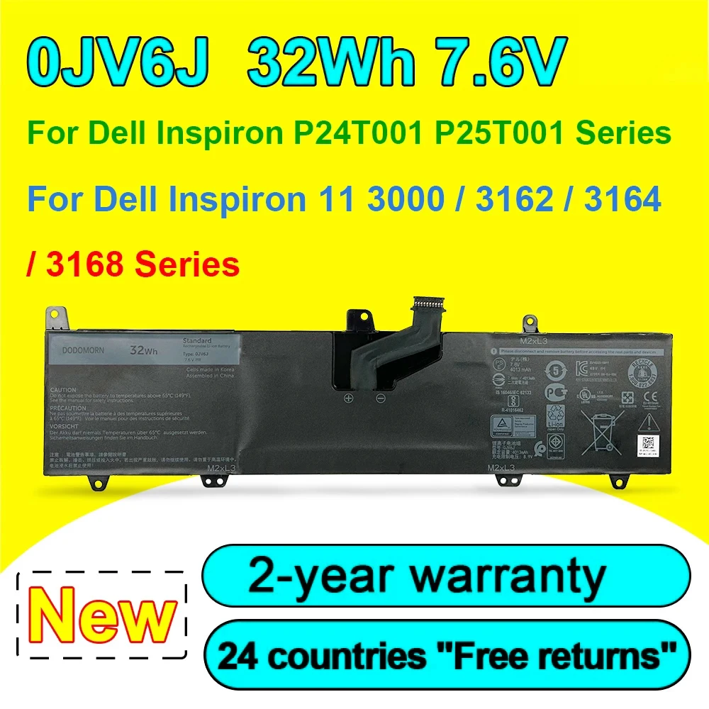 

NEW 0JV6J Laptop Battery For Dell Inspiron 11 8 NWF3 3000 3162 3164 3168 P24T001 Series PGYK 5 OJV6J 0HH6K9 7.6V 32Wh in stock