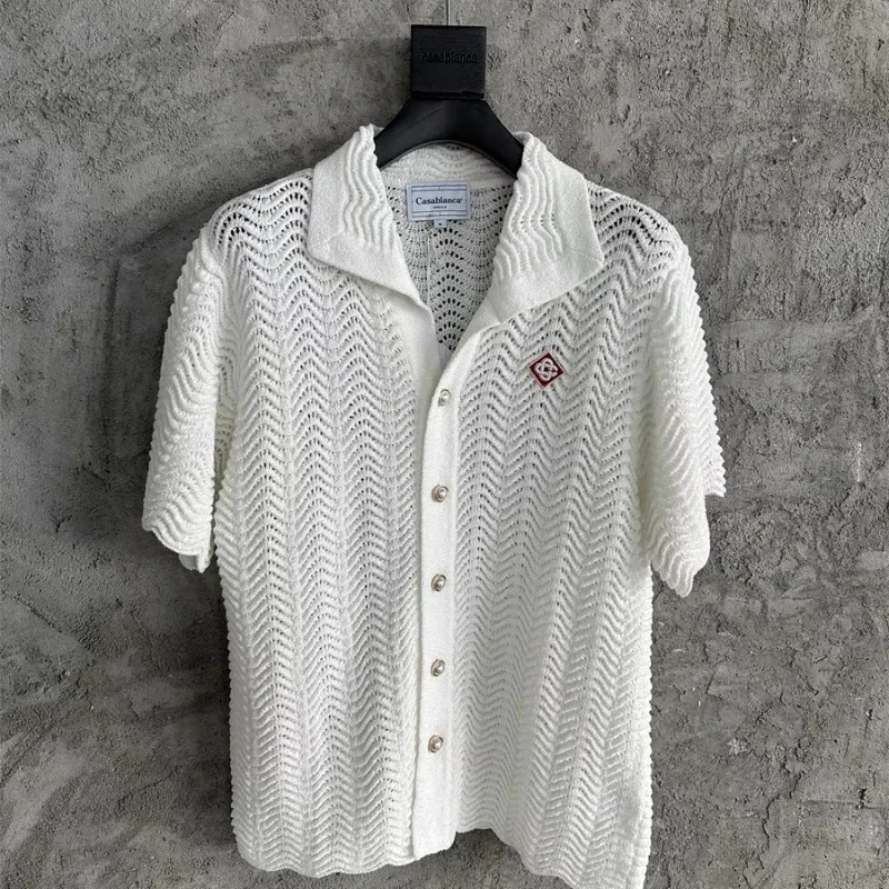 

24ss Oversized Casablanca White Sweater Men Women 1:1 Top Quality Jacquard Knitted Cardigan Pearl Buttons Sweatercoats