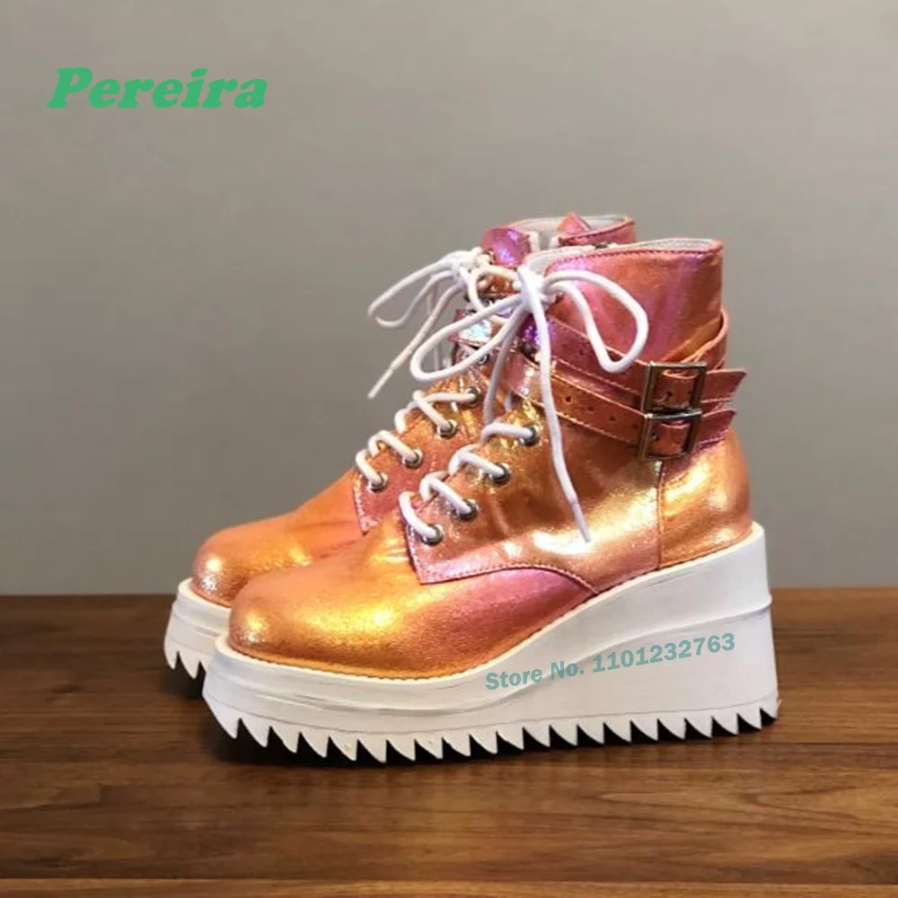 

Laser Colorful Wedges Ankle Boots Glossy Round Toe Platform Lace Up Women's Boots Buckle Strap Spring Winter Bling Casual Shoes