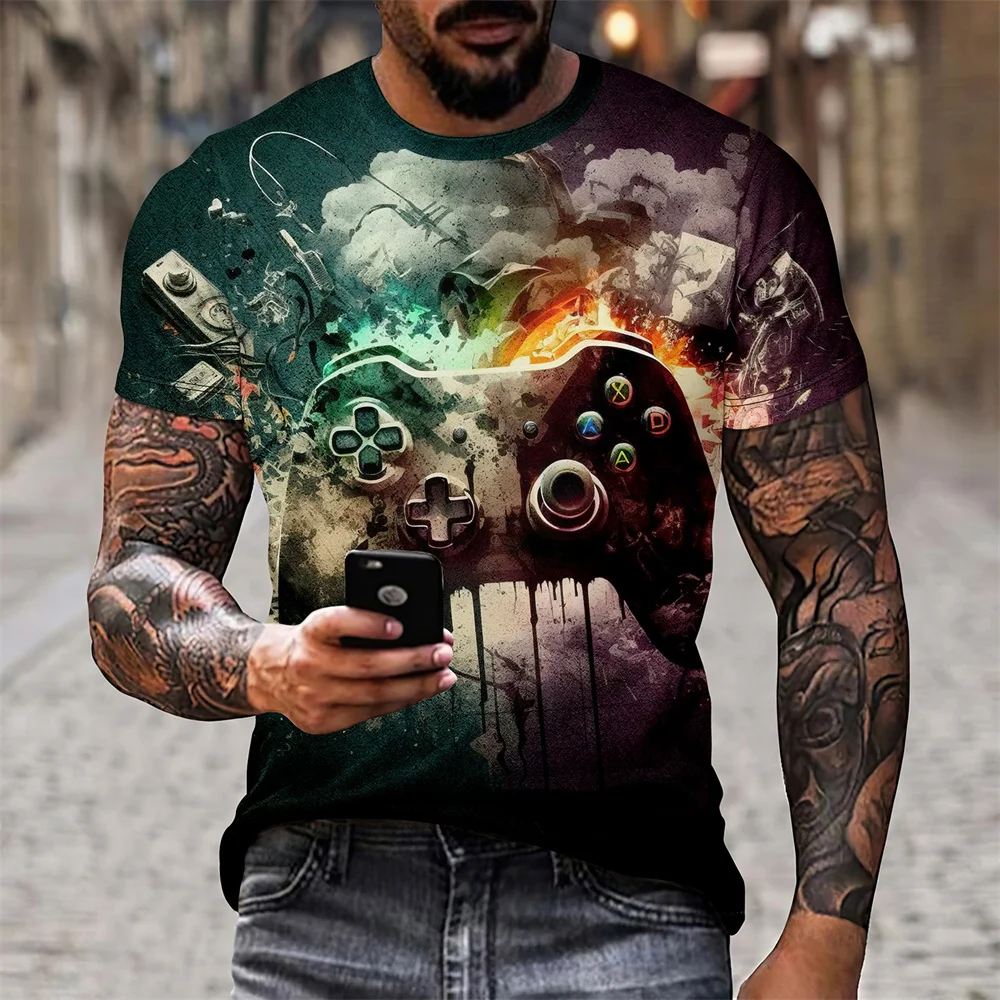 

Men's T-Shirt Artistic Color Entertainment Game Controller Pattern Line Splicing T-Shirts 3d Printing Casual Short Sleeved Tops