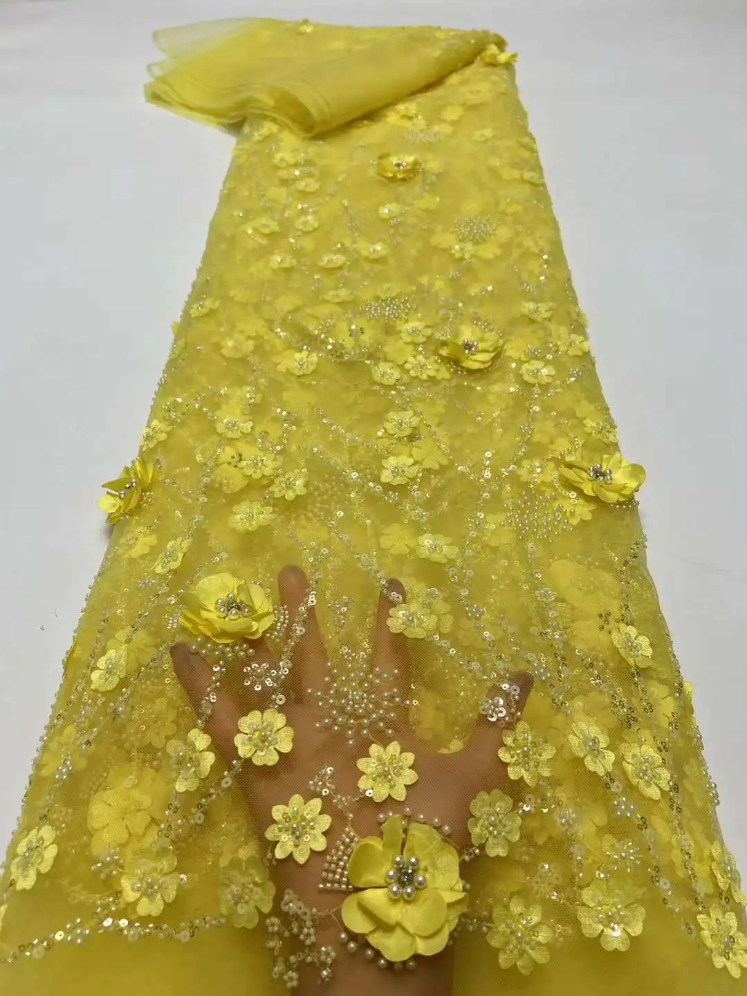 

Модная французская сетка 3D цветы вышивка бусины кружевная ткань с блестками африканская нигерийская ткань для свадебного платья HX
