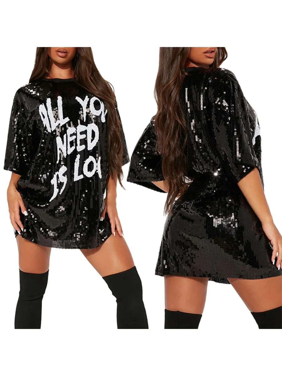 Sparkling Half Sleeve Mini Dress with Sequined Letters - Loose Fit Crew Neck Short Sleeve Party Dress for Women s Summer
Sparkling Half Sleeve Mini Dress with Sequined Letters - Loose Fit Crew Neck Short Sleeve Party Dress for Women s Summer