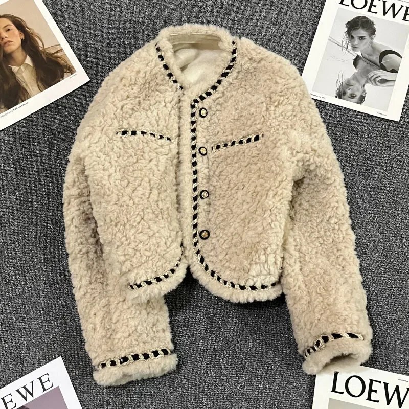 

LKSK Beige Lambswool Short Jacket For Women Winter Upscale Minor Classy Suit Single-breasted Cardigan Top