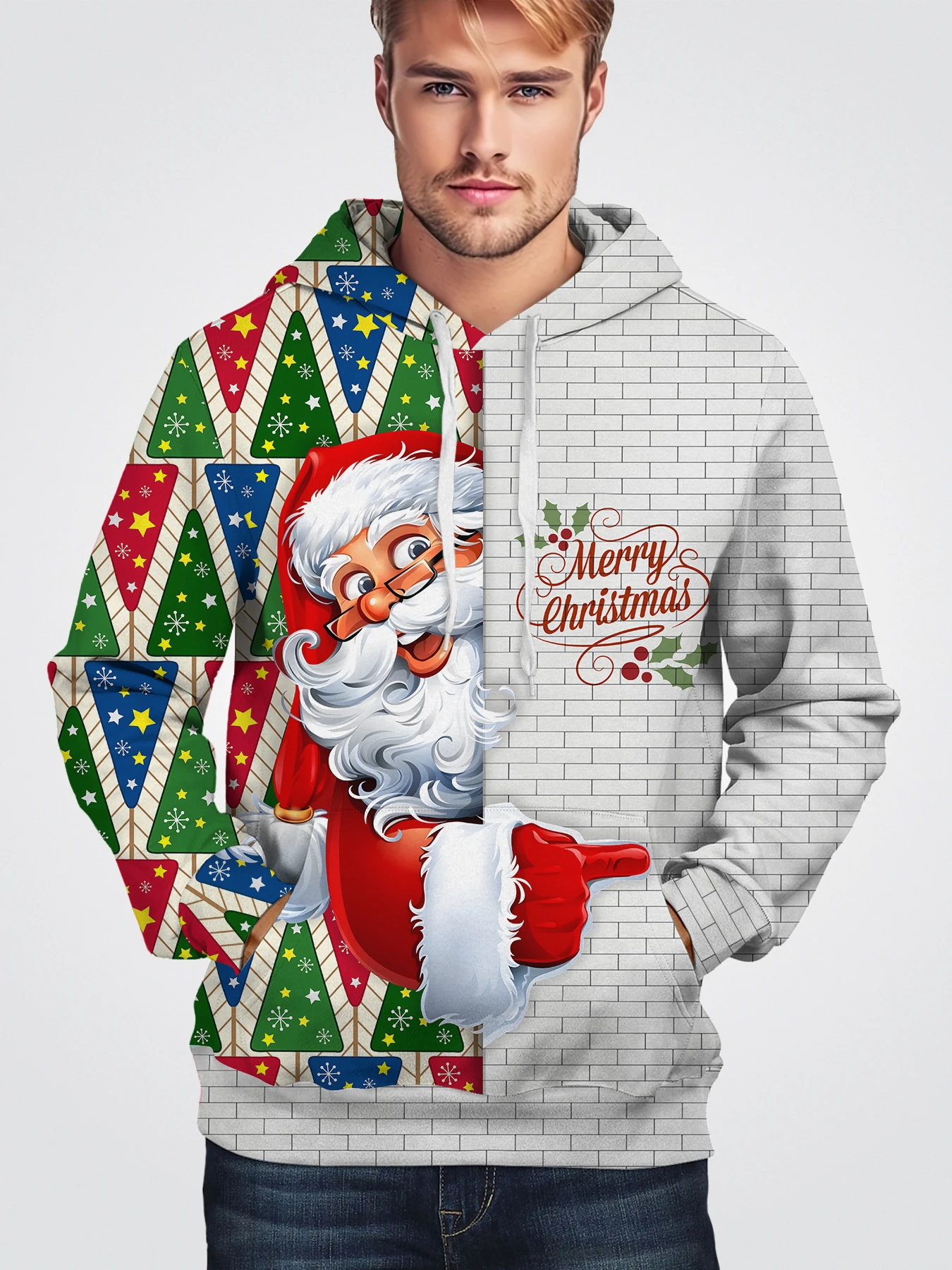 

Santa Claus Festival Clothing Cat Tops Polyester 3D Printed Popular Ripped Wall Long Sleeve Pullover Unisex Christmas Hoodie