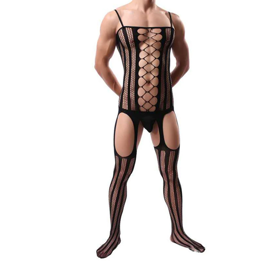 

Men Sexy Jacquard Hollow Bodysuit Suspender See Through Jumpsuit Sheer Mesh Perspective Tight Body Stockings Erotic Underwear