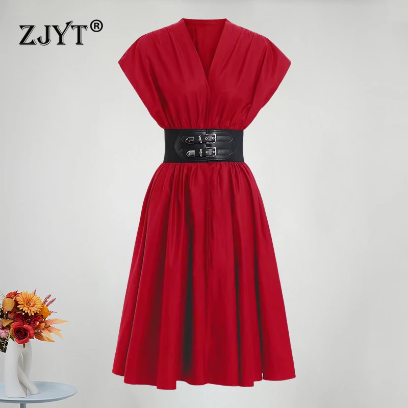 

ZJYT Designer Summer Belted Midi Dresses for Women Sleeveless V Neck Party Dress Red Black Simple Casual Vestidos Para Mujer