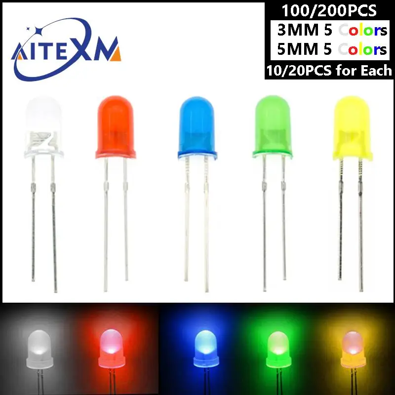 

100PCS/200PCS 3mm 5mm LED Diode Assorted Kit White Green Red Blue Yellow F3 F5 Led Lights Emitting Diodes Electronic DIY Kits