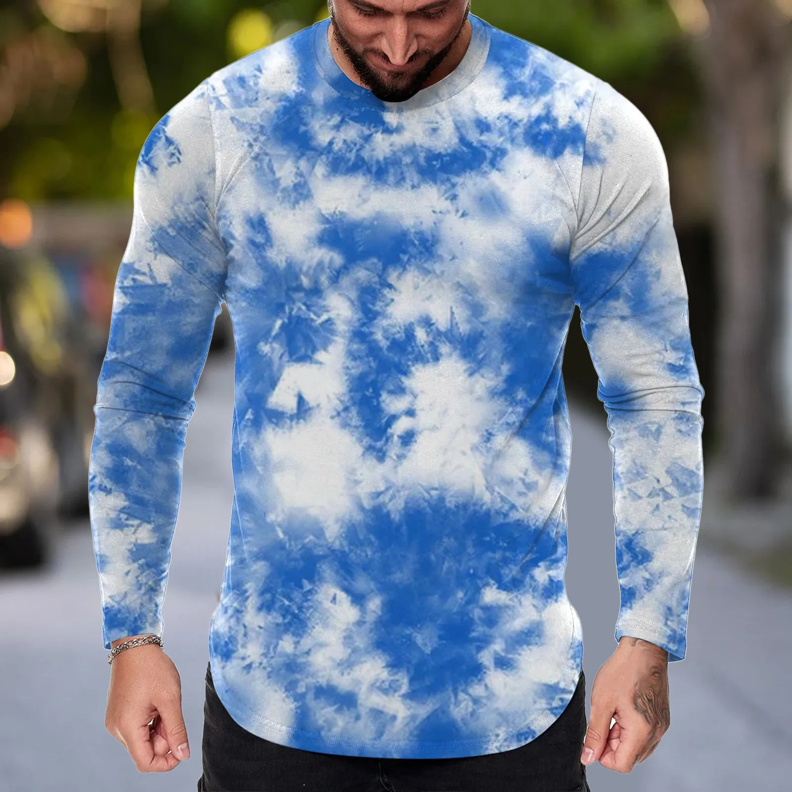 

Mens Long Sleeve Crewneck T-Shirts Stylish Tie-Dye Print Skinny Bodybuilding Tees Spring Casual Retro Comfort Tunic Sportswear