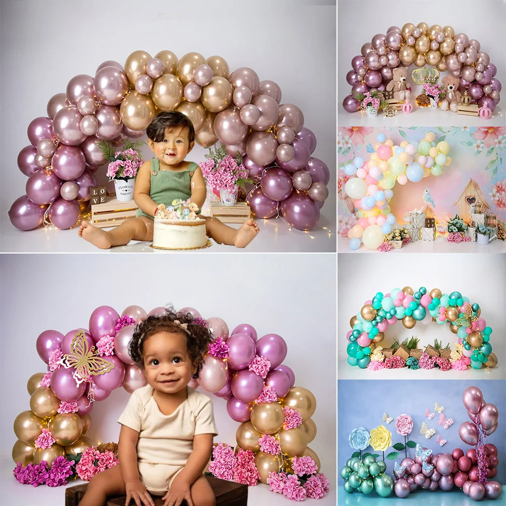 

Colorful Princess Balloons Party Backdrops Girl Birthday Photography Cake Smash Castle Pink Background Photo Shoot Studio