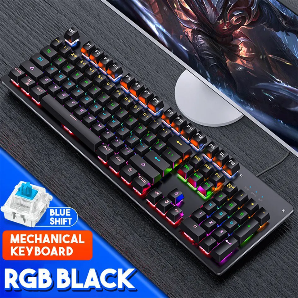 

104 Keys Blue Switch Keyboard Mechanical Keyboard USB Cyan Shaft Wired Gaming Keyboards RGB Color Backlit For PC Game/LOL/DOTA
