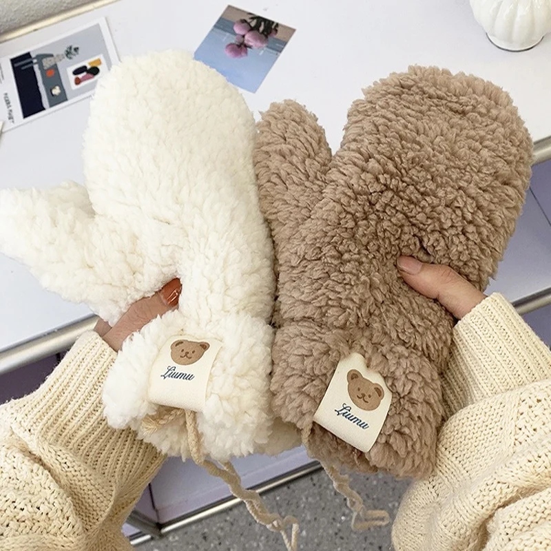

Bear Claw Soft Plush Gloves Women Winter Warm Thicken Fingerless Mittens Girls Hanging Neck Outdoor Warmer Glove Female Mitten