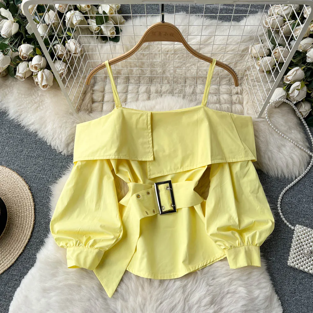 Off Shoulder Sexy Women Shirts with Belt Spaghetti Strap Puff Sleeve Chic Pullover Tops 2023 New Backless Elegant Blouses
Off Shoulder Sexy Women Shirts with Belt Spaghetti Strap Puff Sleeve Chic Pullover Tops 2023 New Backless Elegant Blouses