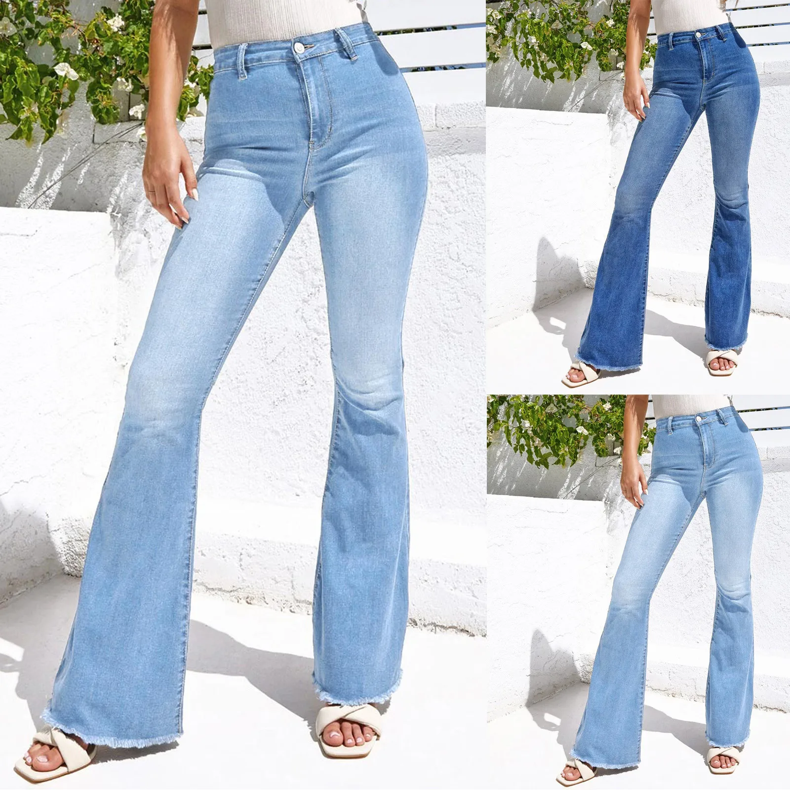 

Women Stretchy High Waisted Fanpan Wide Leg Pants Leg Ripped Boyfriend Jeans Ankle Workout Solid Casual Baggy Joggers
