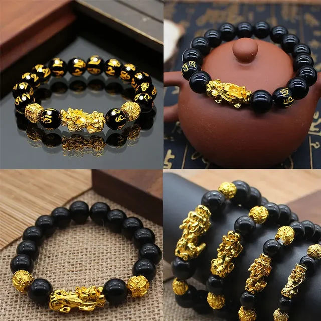 Bracelet de perles en pierre d'obsidienne Feng Shui pour hommes et femmes, bracelet en or, document noir, richesse Pixiu, bonne chance, unisexe 1