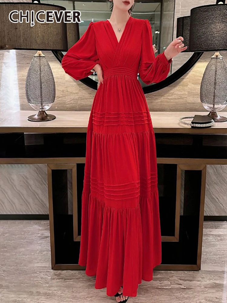 CHICEVER Temperament Pleated Dresses For Women V Neck Lantern Sleeve High Waist Tunic Solid A Line Maxi Dress Female Spring New
CHICEVER Temperament Pleated Dresses For Women V Neck Lantern Sleeve High Waist Tunic Solid A Line Maxi Dress Female Spring New